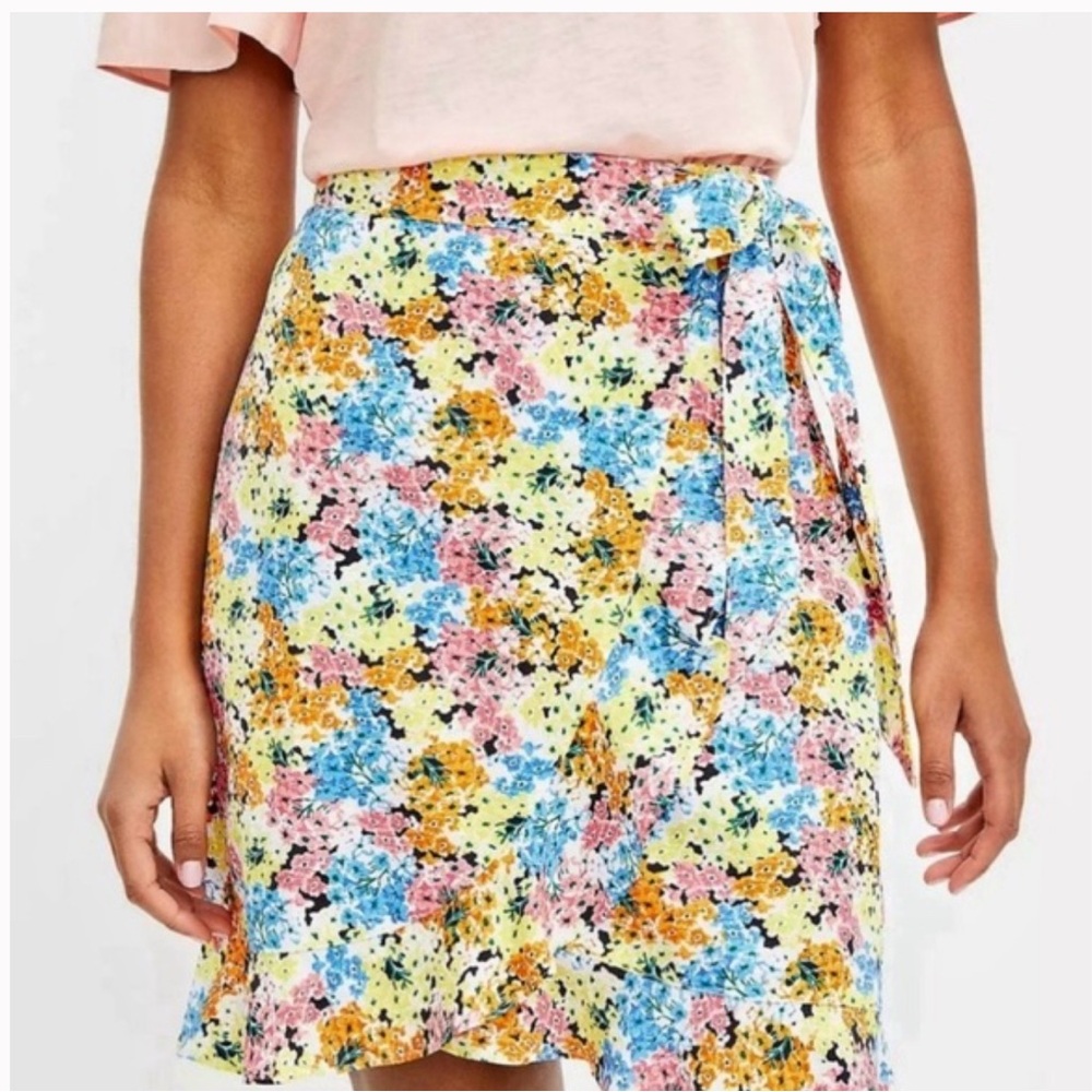 LOFT Floral Blue and Pink Mini Wrap Skirt
